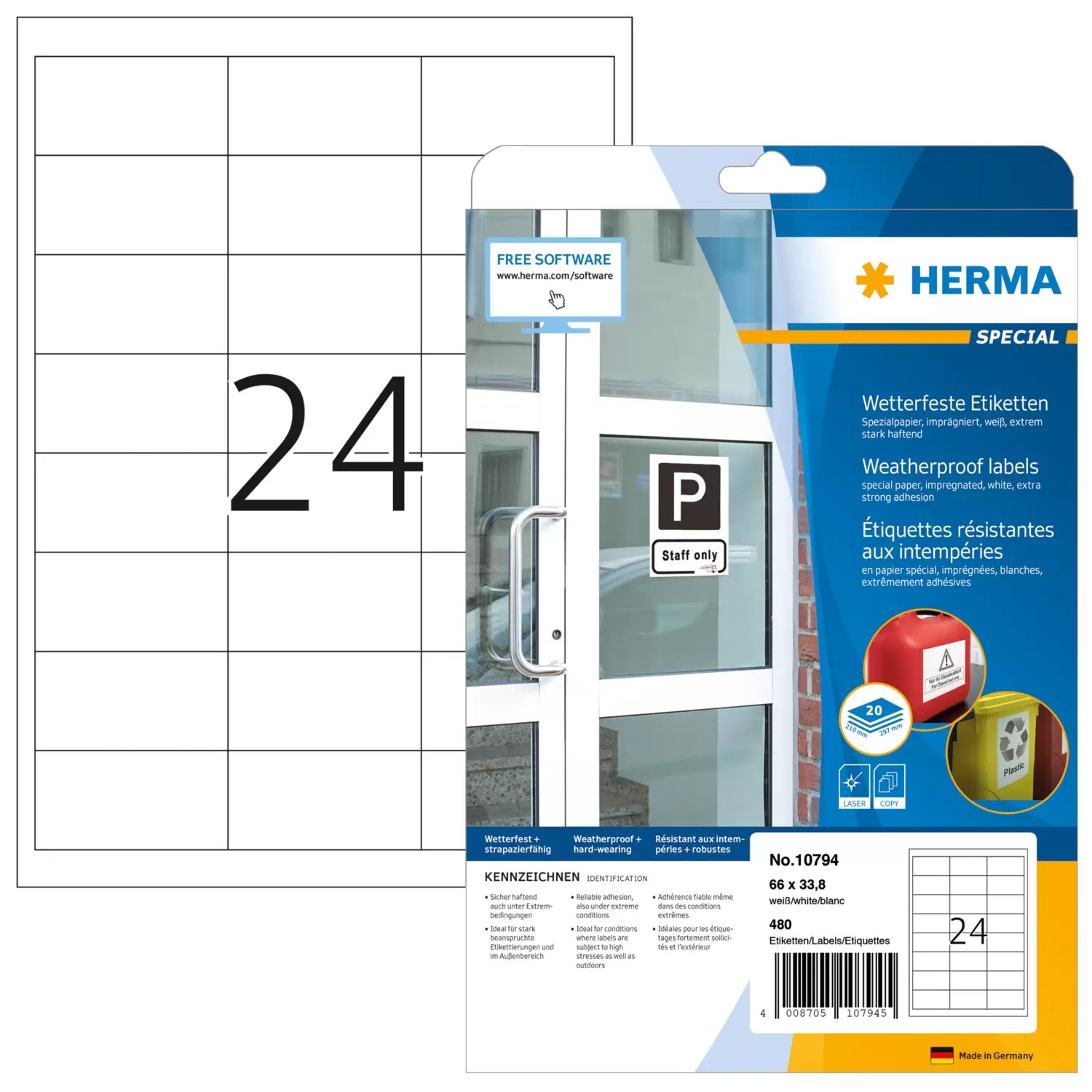 HERMA Wetterfeste Impraegn.Etik.A4 20 Blatt 66x33.8 - Spezial-Papier - A4