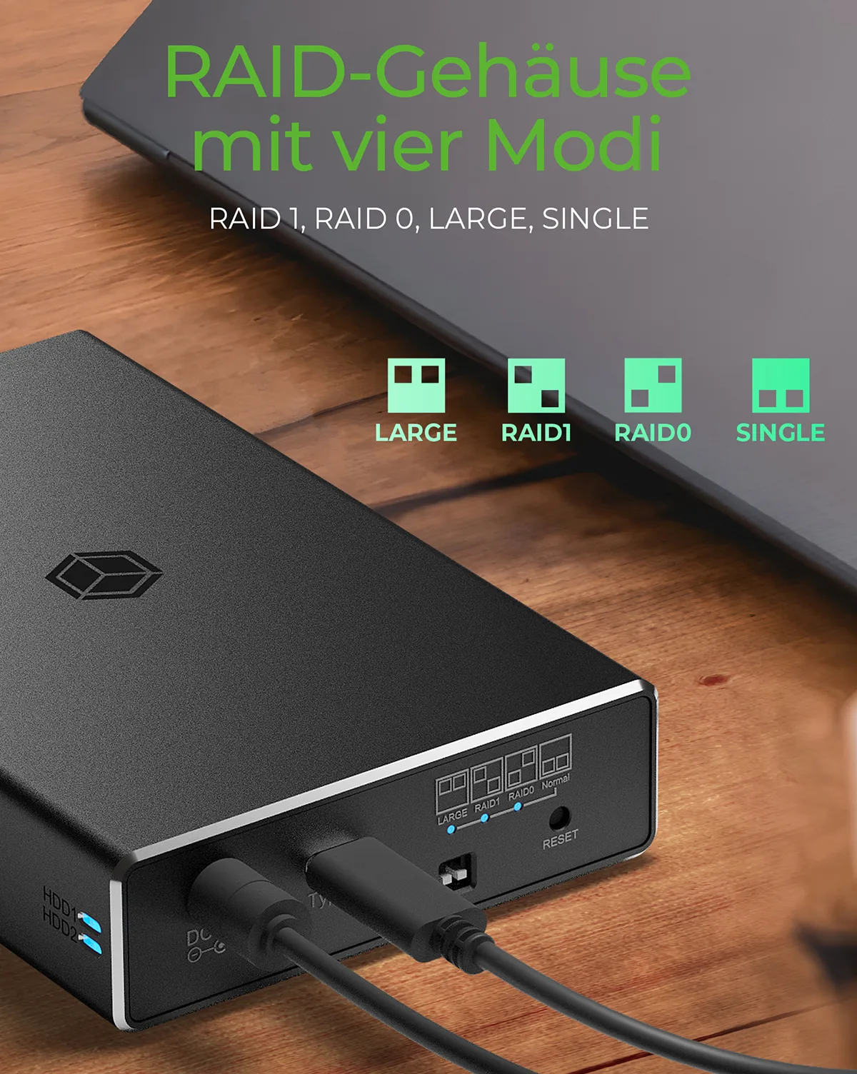 ICY BOX IB-RD2253-C31- Ext. RAID System, 2x SATA 2,5 SATA SSD/HDD zu 1x USB 3.1 (Gen 2, 10 Gbit/s), Ansicht 3