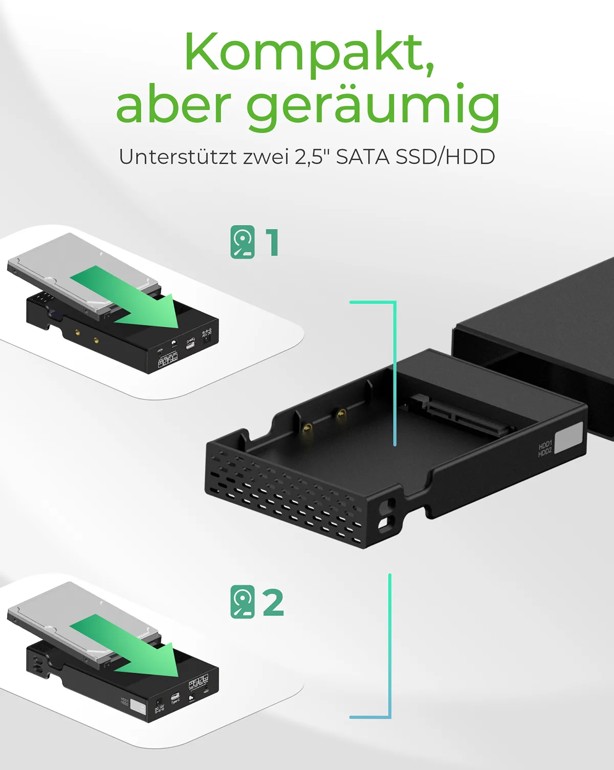 ICY BOX IB-RD2253-C31- Ext. RAID System, 2x SATA 2,5 SATA SSD/HDD zu 1x USB 3.1 (Gen 2, 10 Gbit/s), Ansicht 4