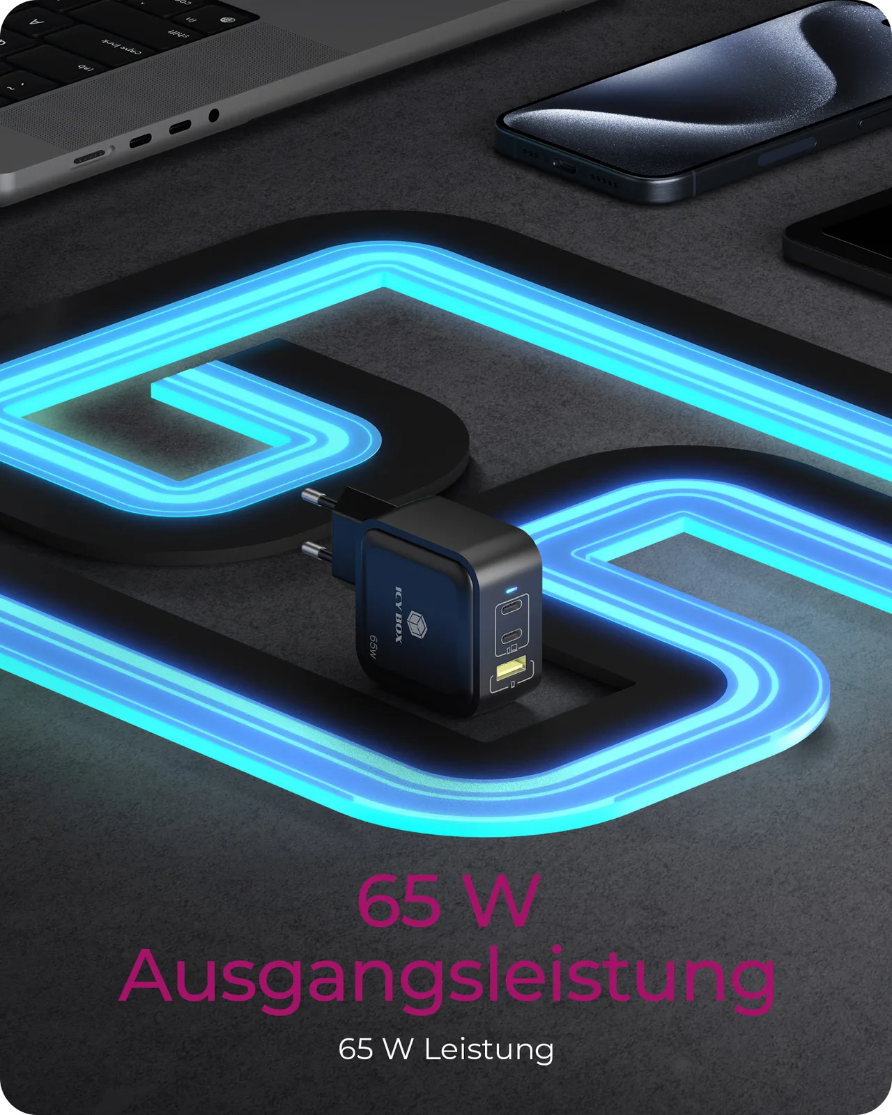 ICY BOX Ladegerät 3-Port 65W GaN mit PD 3.0, Ansicht 2