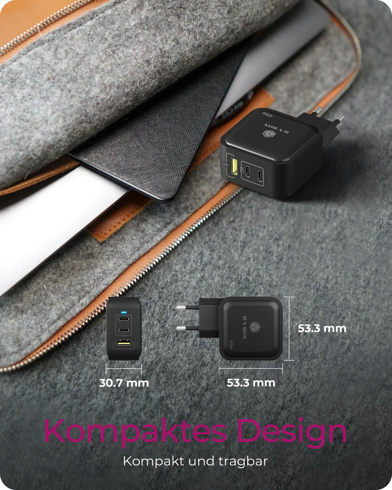 ICY BOX Ladegerät 3-Port 65W GaN mit PD 3.0, Ansicht 4