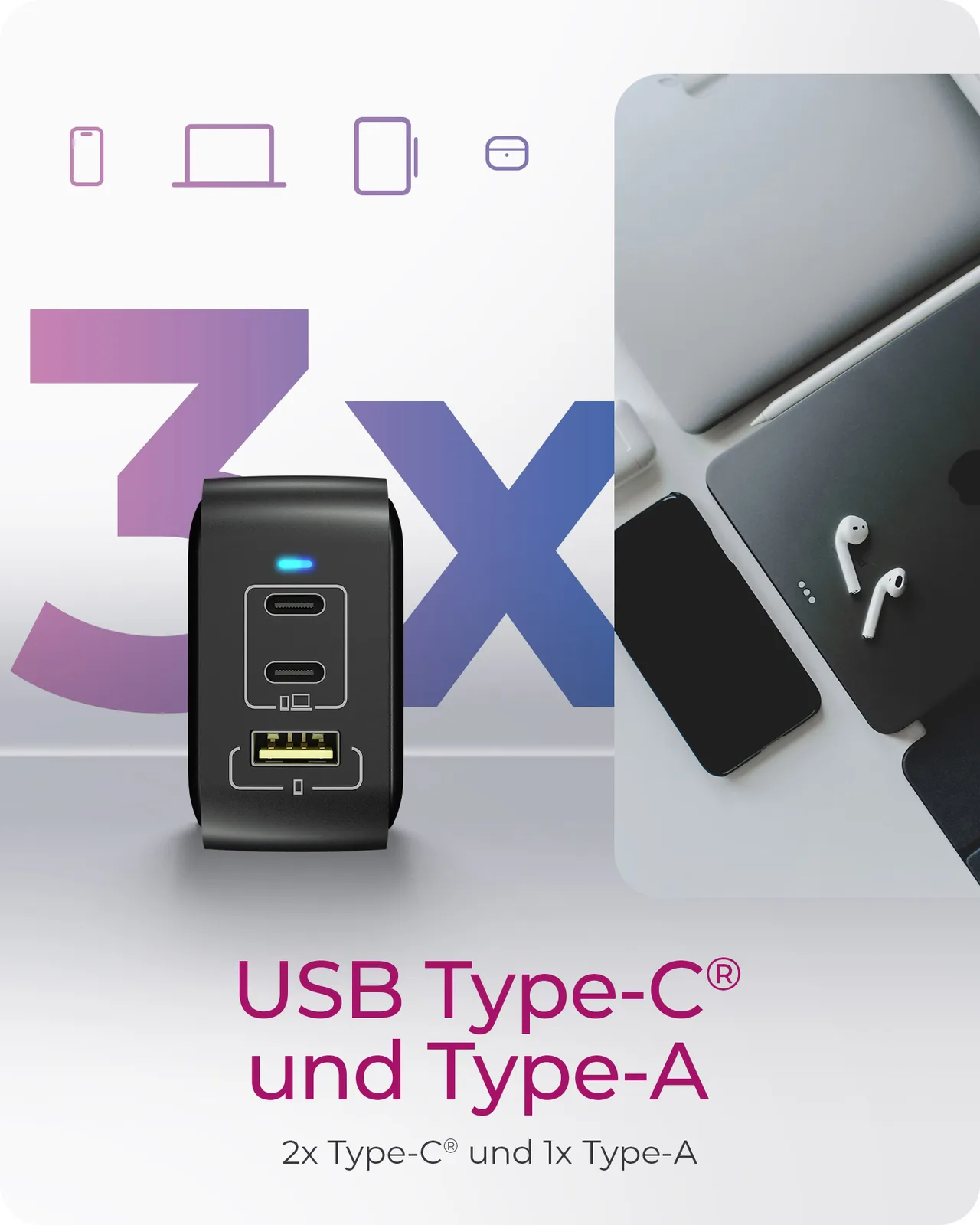 ICY BOX Ladegerät 3-Port 65W GaN mit PD 3.0, Ansicht 5