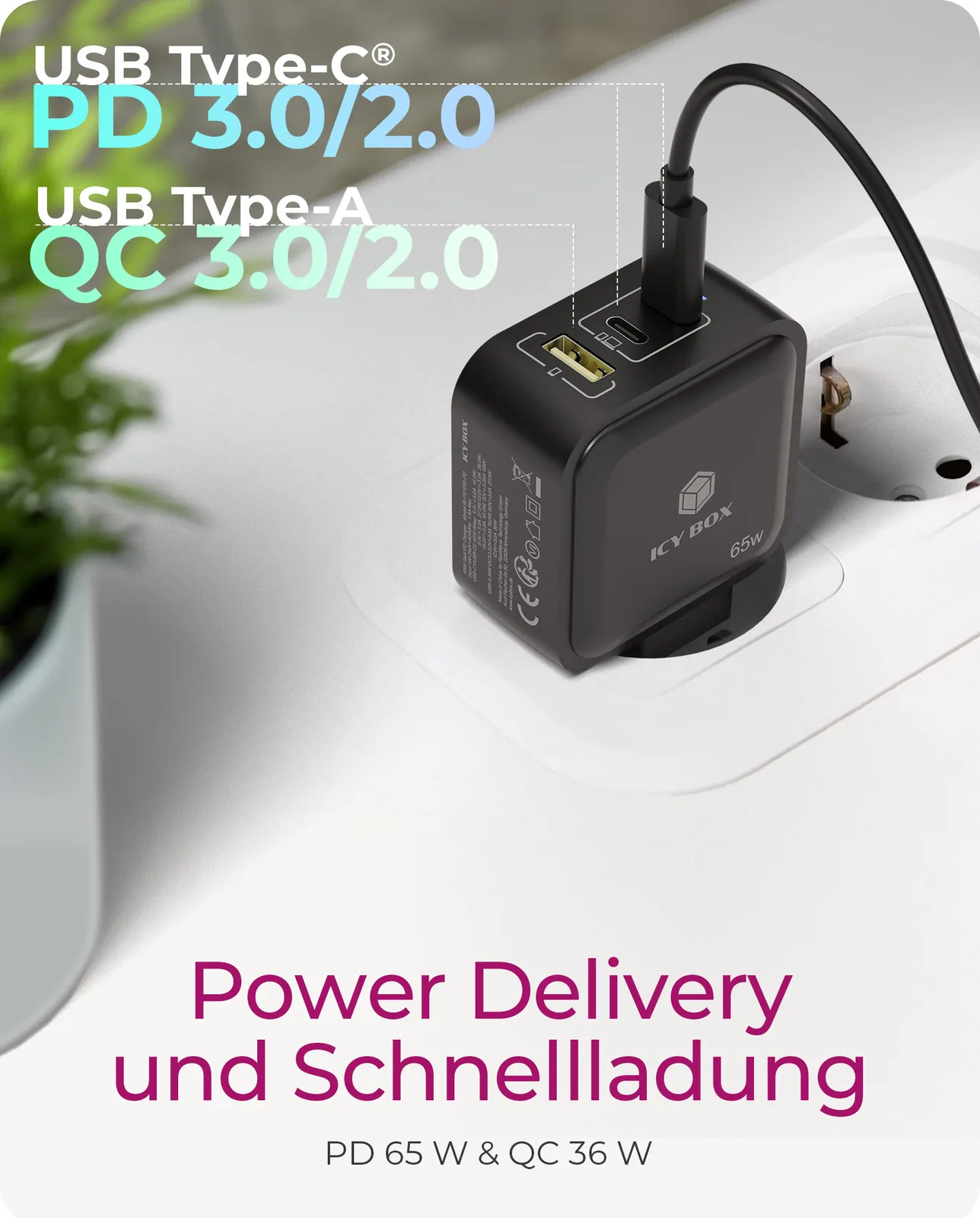 ICY BOX Ladegerät 3-Port 65W GaN mit PD 3.0, Ansicht 6