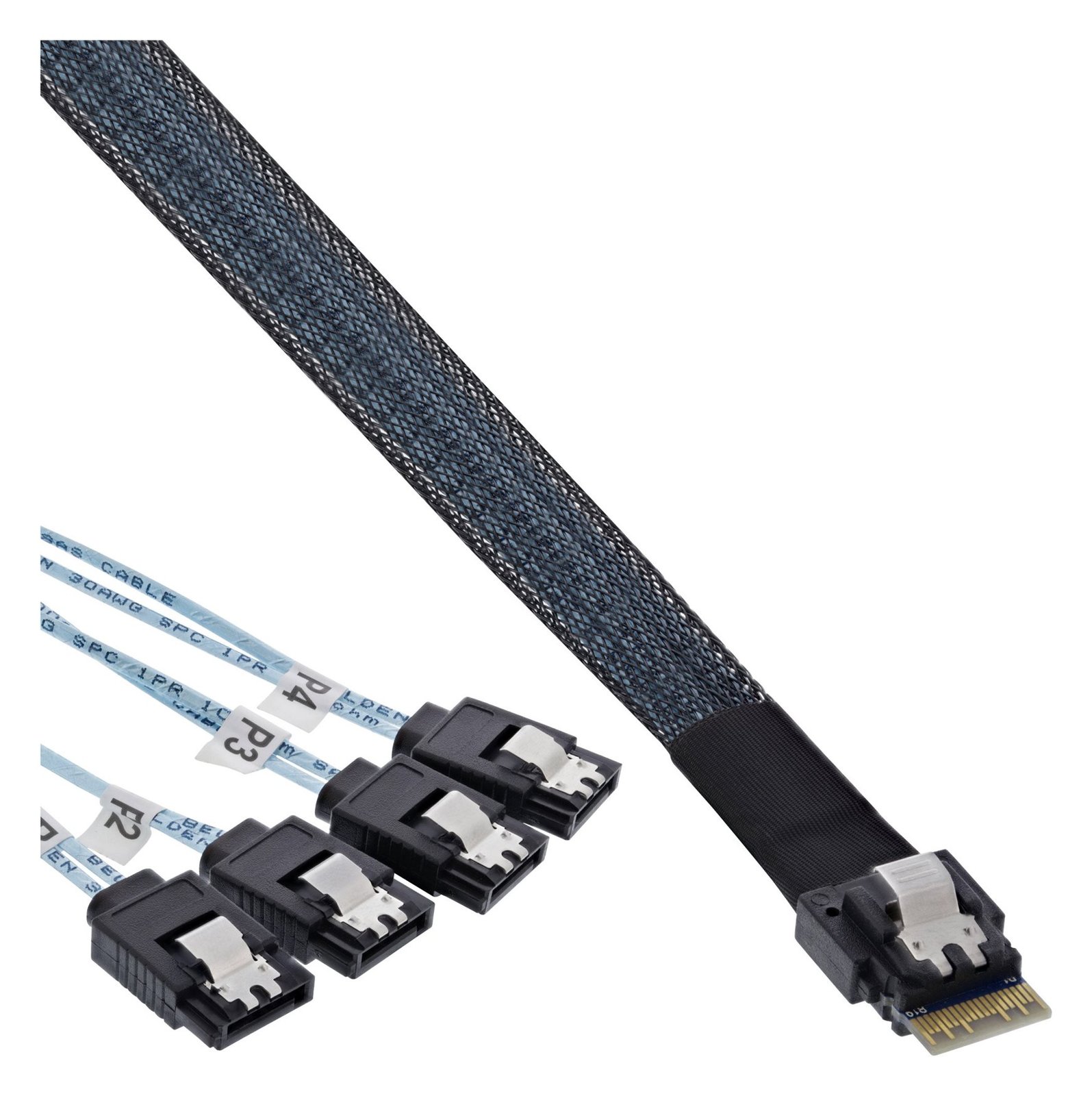 InLine Slim SAS Kabel - SFF-8654 4i zu 4x SATA 7-pin - 12Gb/s - 0,5m von LumaTech