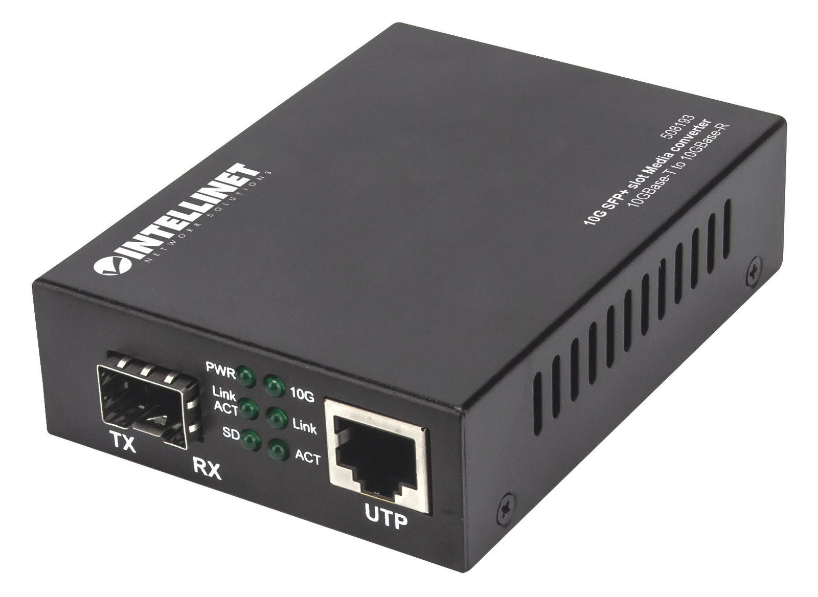 Intellinet 10GBase-T to 10GBase-R Media Converter, 1 x 10 GB SFP+ Slot, 1 x 10GB RJ45 Port