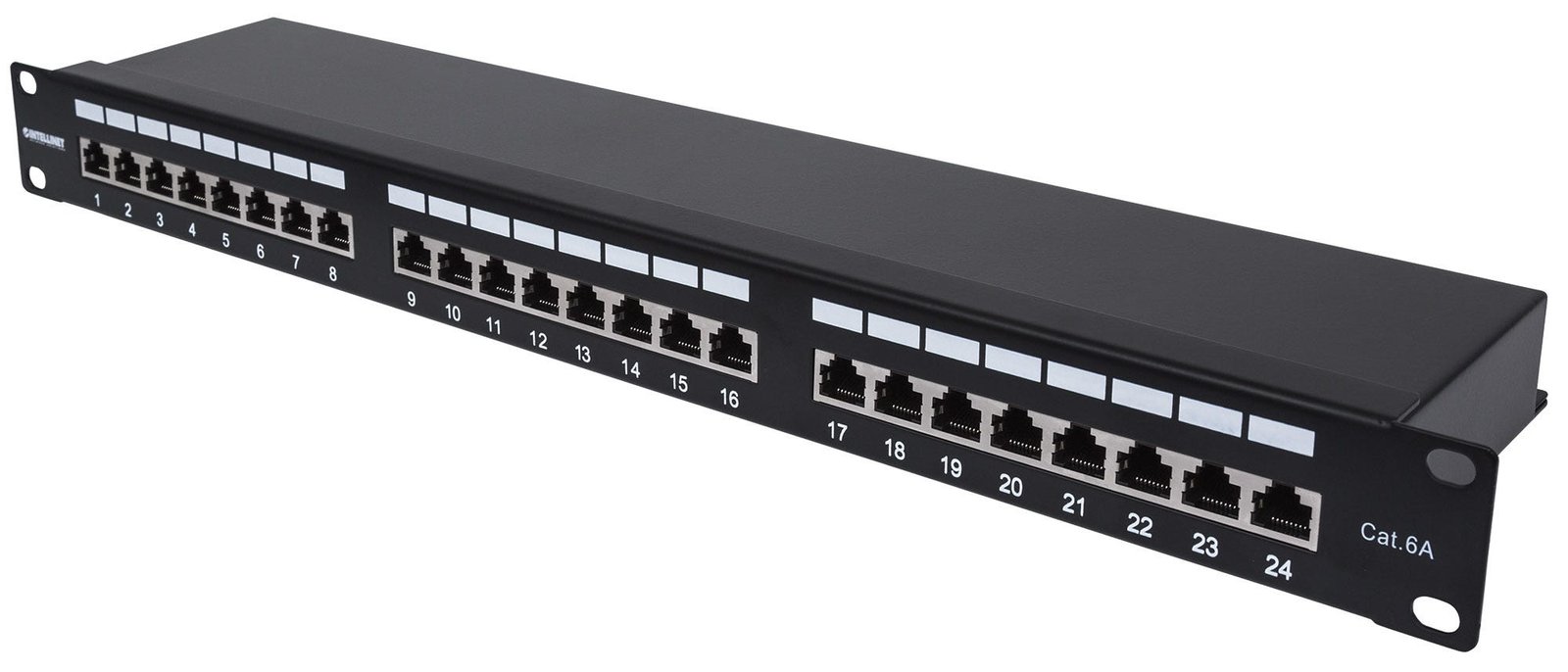 Intellinet 24-Port Cat6a Patchpanel, geschirmt, 24 Ports, FTP, 1 HE, Klemmleisten mit 90 Grad - Schwarz