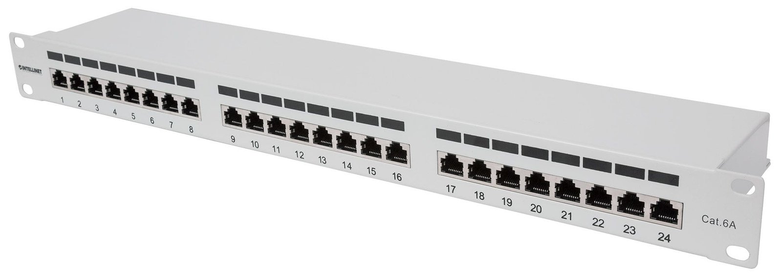 Intellinet 24-Port Cat6a Patchpanel, geschirmt, 24 Ports, FTP, 1 HE, Klemmleisten mit 90 Grad - Grau