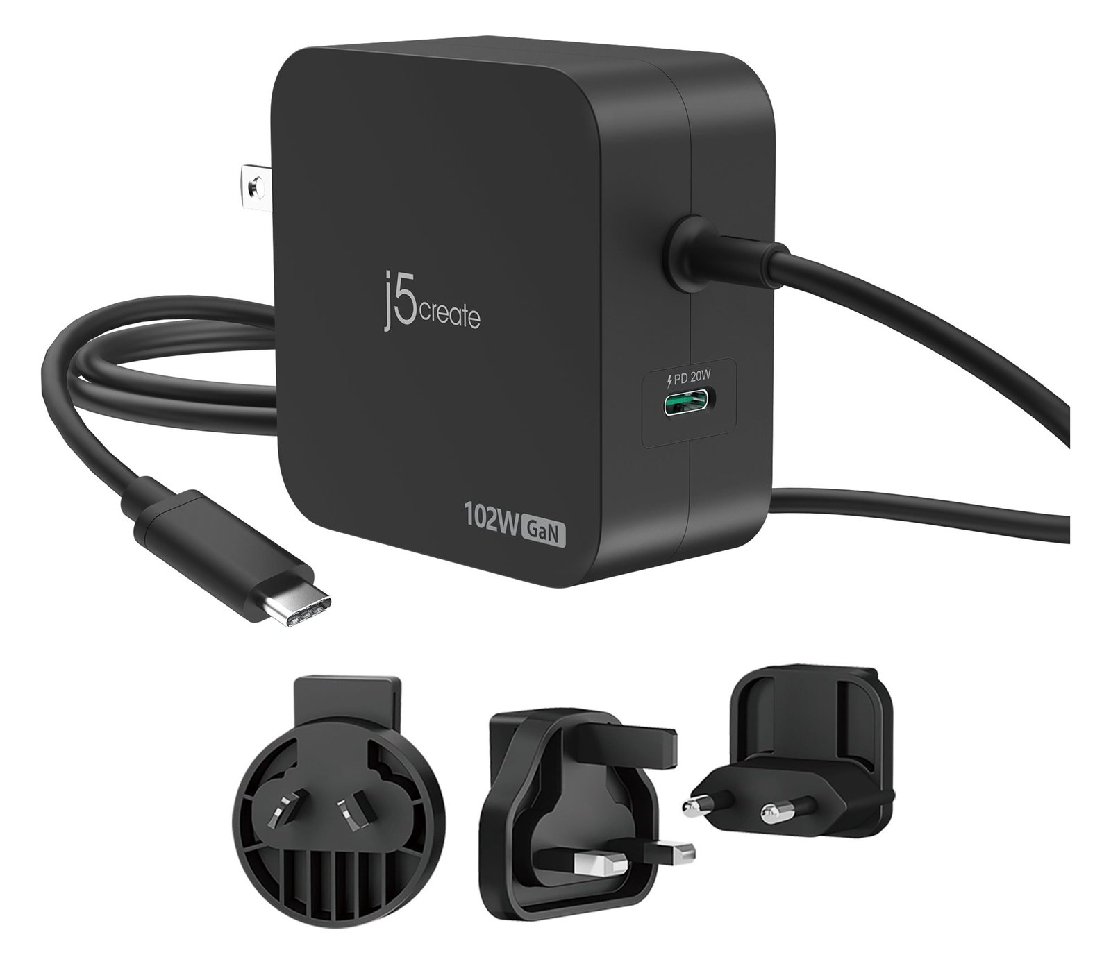 j5create JUP25102V - Netzteil - GaN - 102 Watt - PD 3.0, Smart IC - 2 Ausgabeanschlussstellen (24 pin USB-C)