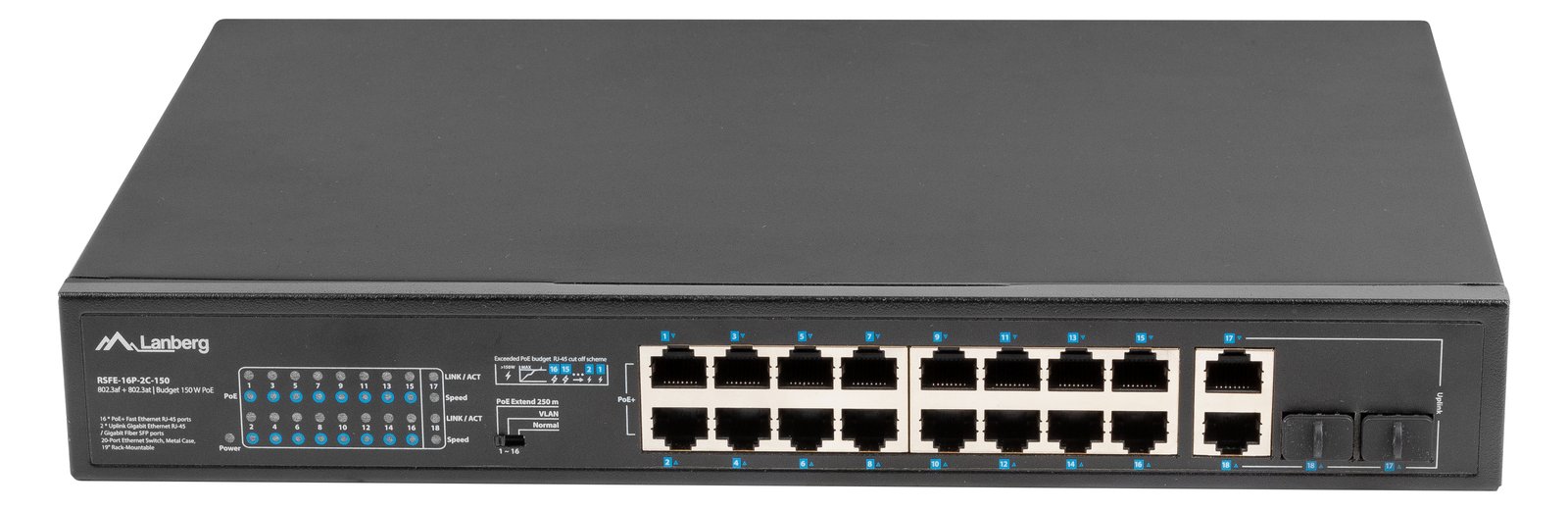 Lanberg RSFE-16P-2C-150 - Unmanaged - Gigabit Ethernet (10/100/1000) - Power over Ethernet (PoE) - Rack-Einbau - 1U