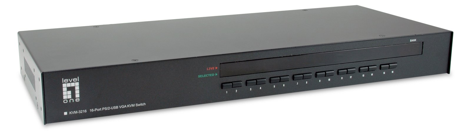 LevelOne 16-Port PS/2-USB VGA KVM Switch - 2048 x 1536 Pixel - Rack-Einbau - 1U - Schwarz