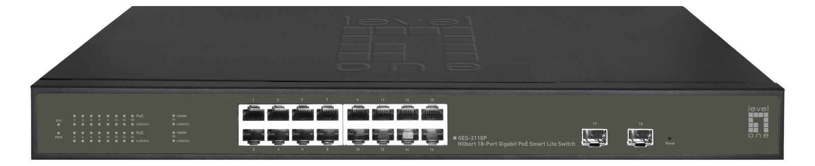 LevelOne Hilbert 18-Port Gigabit PoE Smart Lite Switch - 16 PoE Ausgänge - 2 x Gigabit SFP - 802.3at/af PoE - 230W
