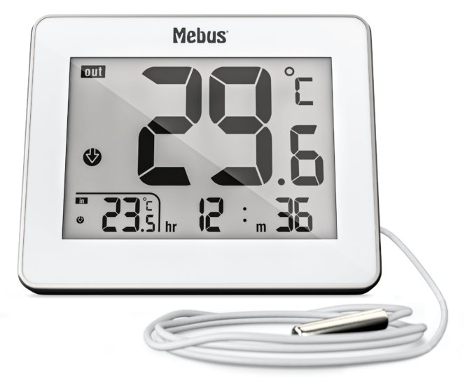 Mebus 01074 - Elektronisches Umgebungsthermometer - Indoor/Outdoor - Digital - Weiß - Rechteckig - F - °C