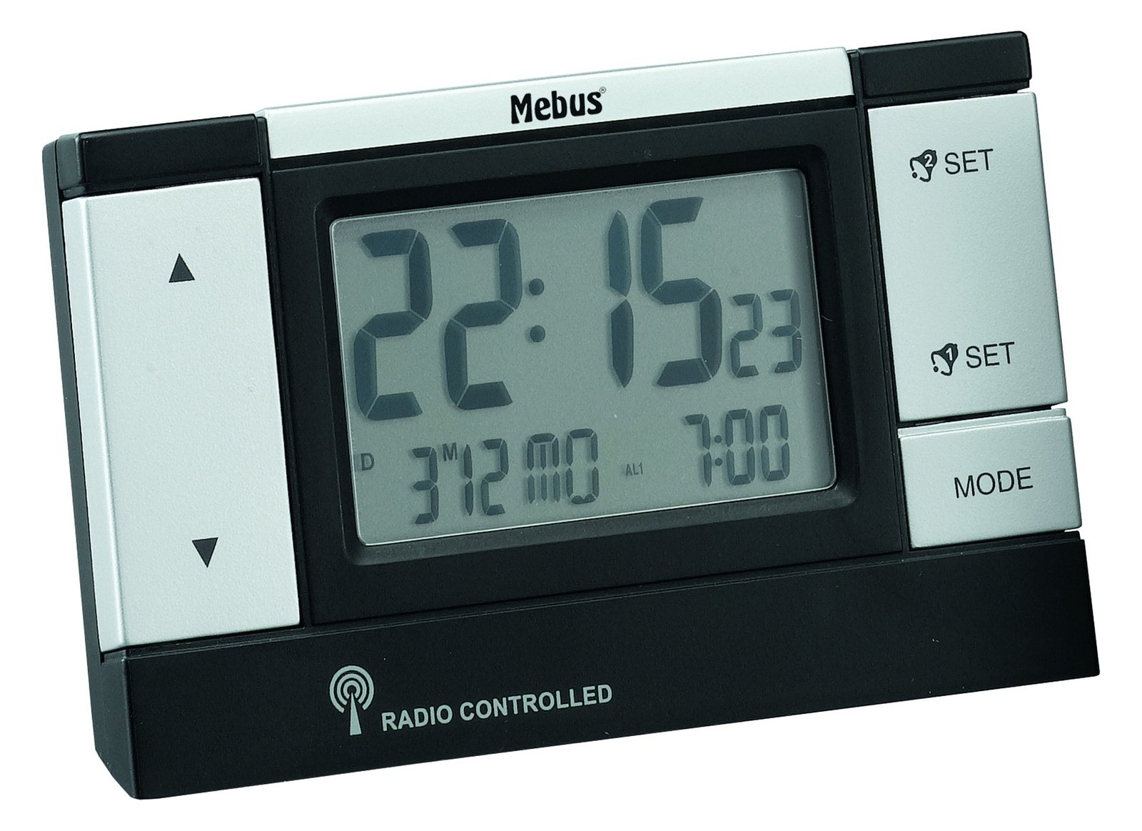 Mebus 51059 - Digitaler Wecker - Schwarz - Silber - 12/24 h - LCD - 2 Zeilen - Akku