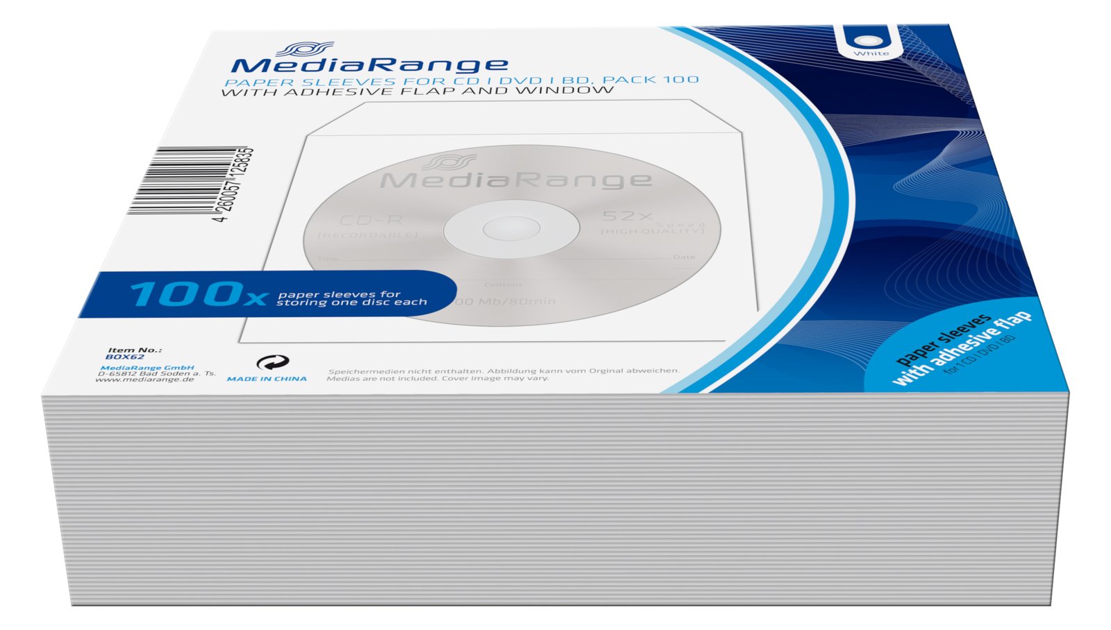 MEDIARANGE BOX62 - Schutzhülle - 1 Disks - Weiß - Papier - 120 mm - RoHS