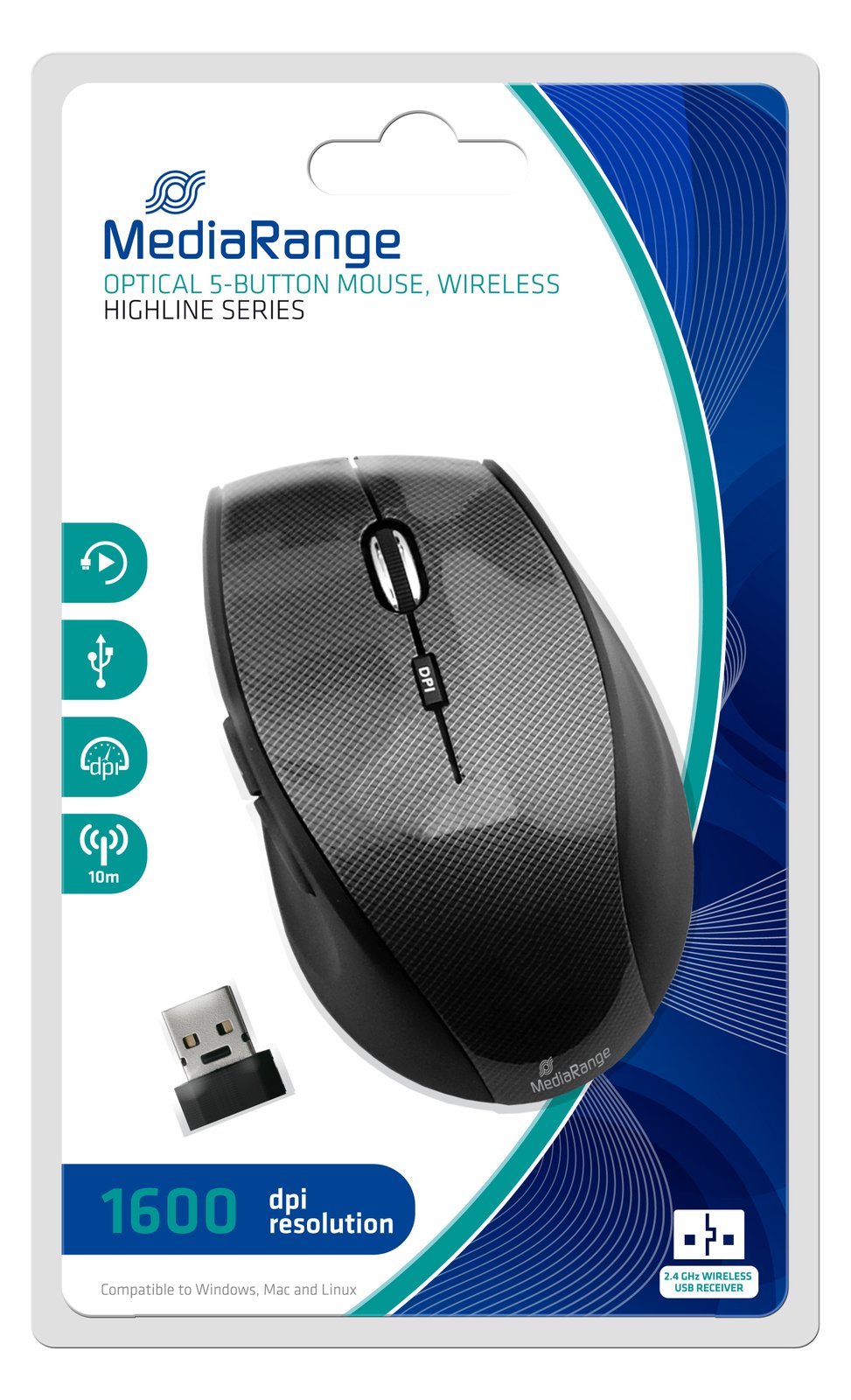 MEDIARANGE MROS207 - Maus - optisch - 5 Tasten - kabellos - 2.4 GHz - kabelloser Empfänger (USB)