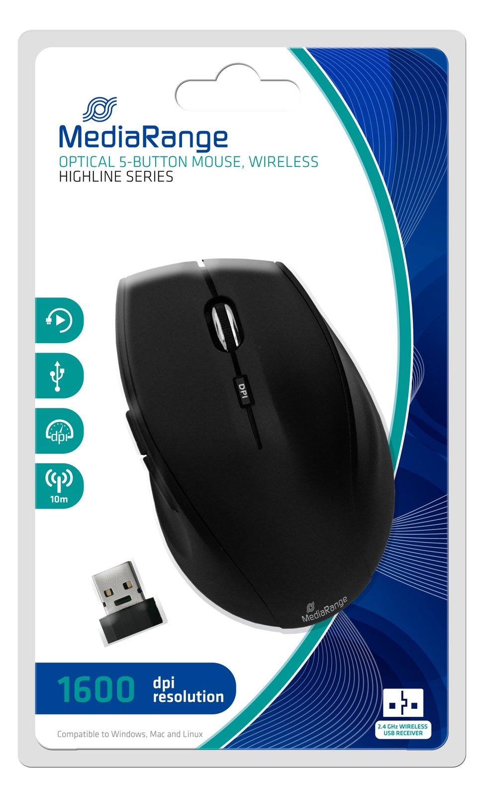 MEDIARANGE MROS208 - Maus - optisch - 5 Tasten - kabellos - 2.4 GHz - kabelloser Empfänger (USB)
