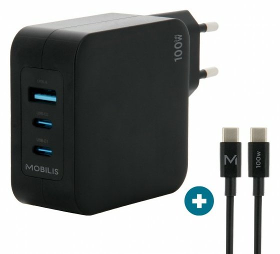 Mobilis Charger 100W 2USB C 1USBA GaN cable 100W
