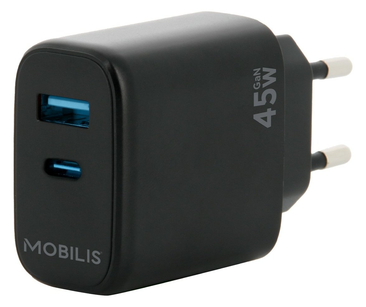 Mobilis Netzteil - schnell, GaN - 45 Watt - QC, PD/PPS - 2 Ausgabeanschlussstellen (USB, 24 pin USB-C)