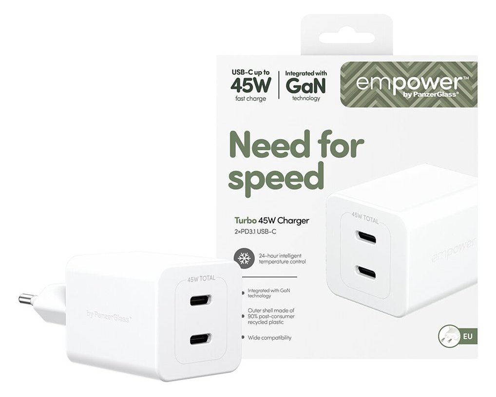 PanzerGlass empower by PanzerGlass - Netzteil - 45 Watt - Power Delivery 3.1 - 2 Ausgabeanschlussstellen (24 pin USB-C)