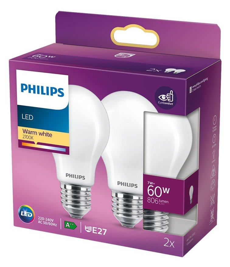 Philips LED-Lampe - Form: A60 - matt Finish - E27 - 7 W (Entsprechung 60 W) - 2 Stück(e)