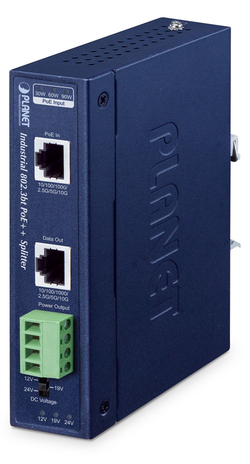 Planet IP30 Industrial Single-Port 10Gbps 802.3bt PoE++ Splitter - Blau - Metall - PoE - Leistung - FCC Part 15 Class A