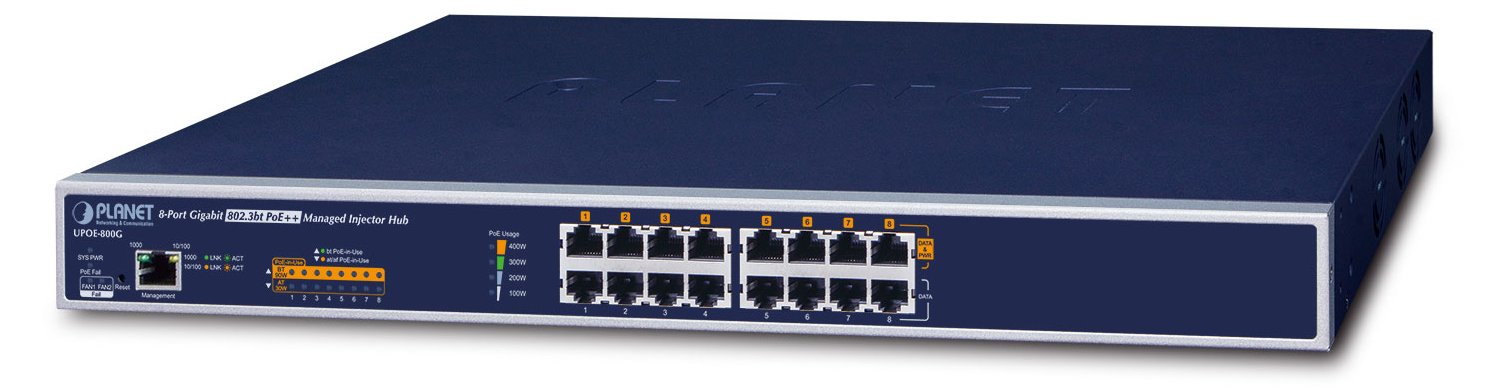 Planet UPOE-800G - Power Injector (Rack - einbaufähig) - Wechselstrom 100/240 V - 400 Watt - Ausgänge: 8 - 1U - 19