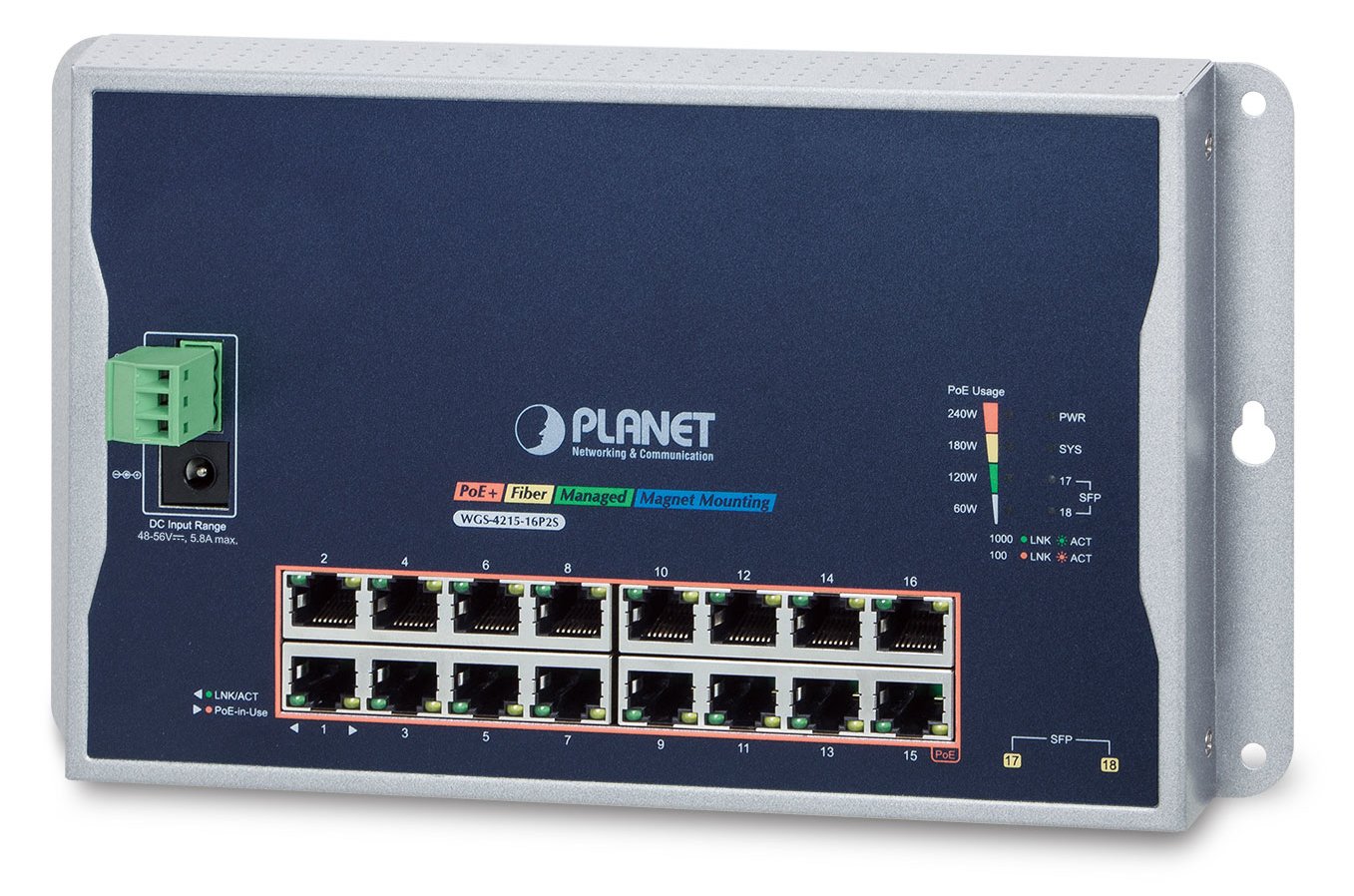 Planet WGS-4215-16P2S - Managed - L2 - Gigabit Ethernet (10/100/1000) - Vollduplex - Power over Ethernet (PoE)