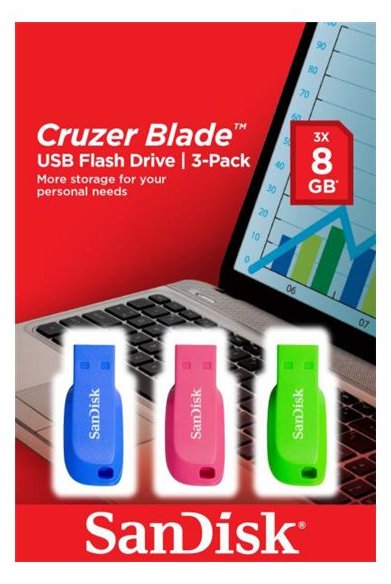 SanDisk Cruzer Blade - USB-Flash-Laufwerk - 32 GB - USB 2.0 - Blau, grün, pink (Packung mit 3)
