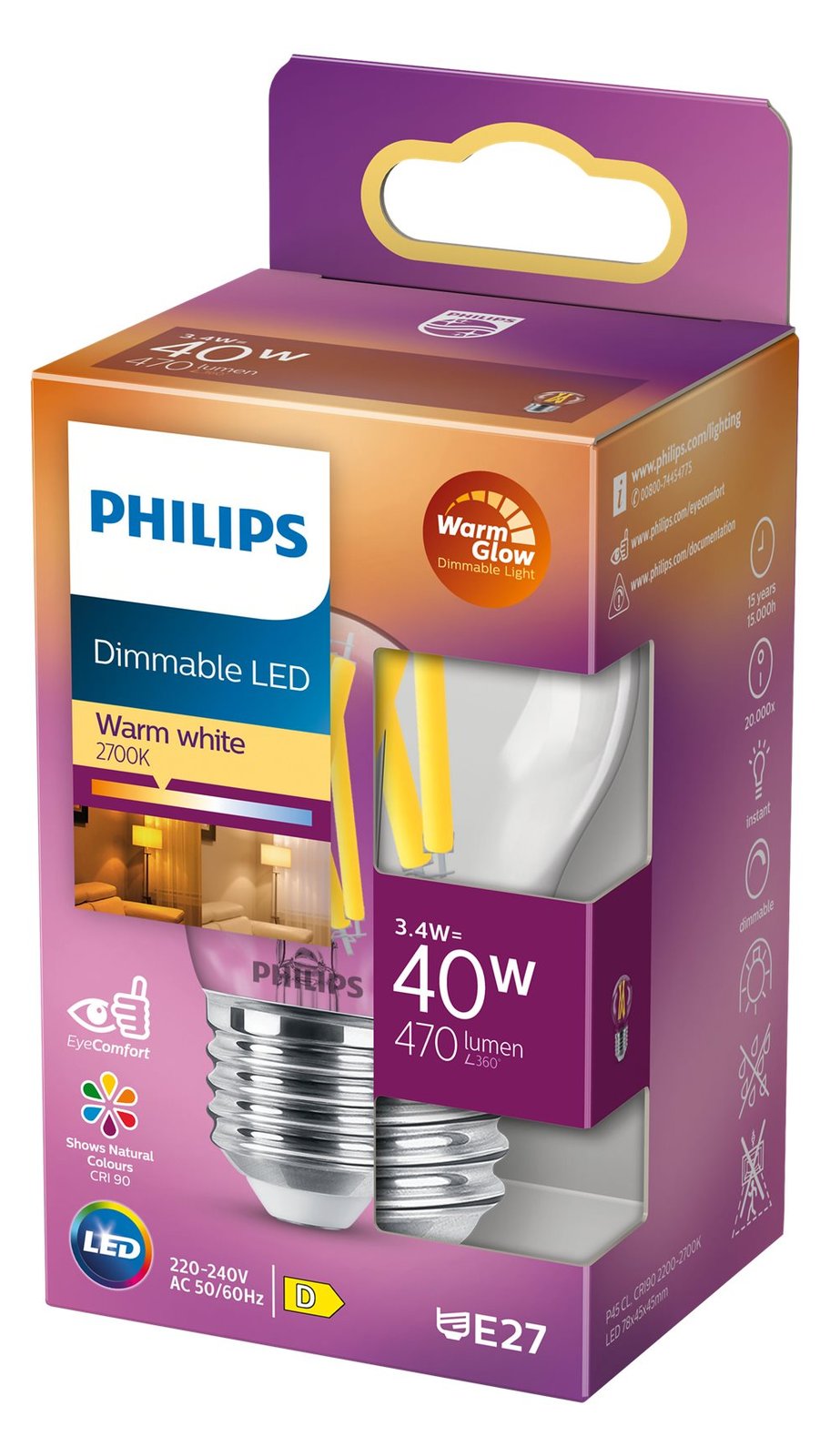 Signify Philips - Glühbirne mit LED-Filament - Form: P45 - klar Finish - E27 - 3.4 W (Entsprechung 40 W)