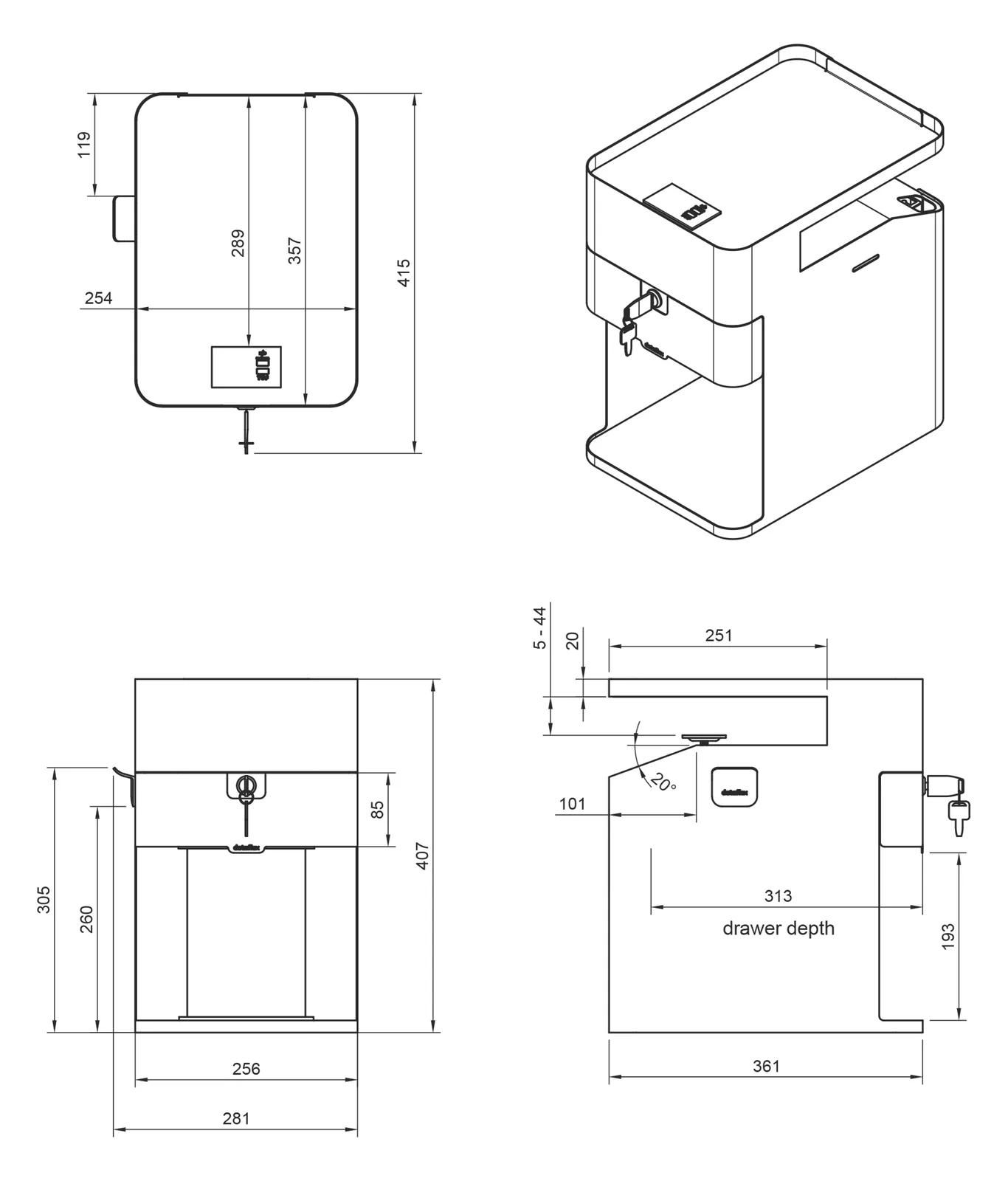 Dataflex Bento 500, 1 Schublade(n), Stahl, Schwarz, 1 Stück(e), 361 mm, 254 mm, Ansicht 2
