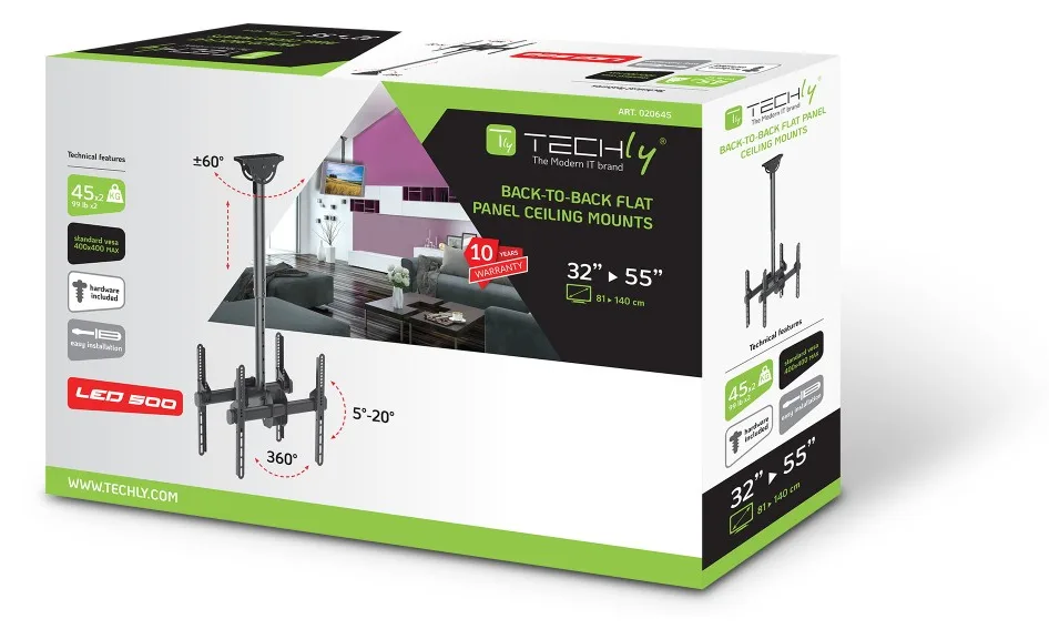 Techly Universal Ceiling Support - Klammer - für 2 LCD-Displays - Stahl - Schwarz - Bildschirmgröße: 81.3-139.7 cm, Ansicht 3
