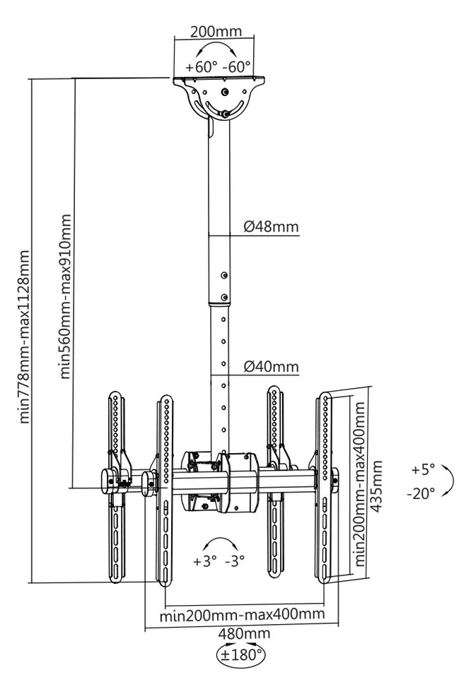 Techly Universal Ceiling Support - Klammer - für 2 LCD-Displays - Stahl - Schwarz - Bildschirmgröße: 81.3-139.7 cm, Ansicht 5