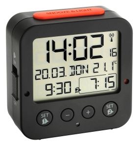 TFA Digitaler Funk-Wecker mit Temperatur BINGO - Digitaler Wecker - Quadratisch - Schwarz - Kunststoff - Akku von LumaTech