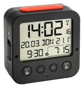 TFA Digitaler Funk-Wecker mit Temperatur BINGO - Digitaler Wecker - Quadratisch - Schwarz - Kunststoff - Akku