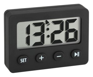 TFA Digitalwecker mit Timer und Stoppuhr - Quarzwecker - Rechteck - Schwarz - Akku - CR2032 - 59 mm
