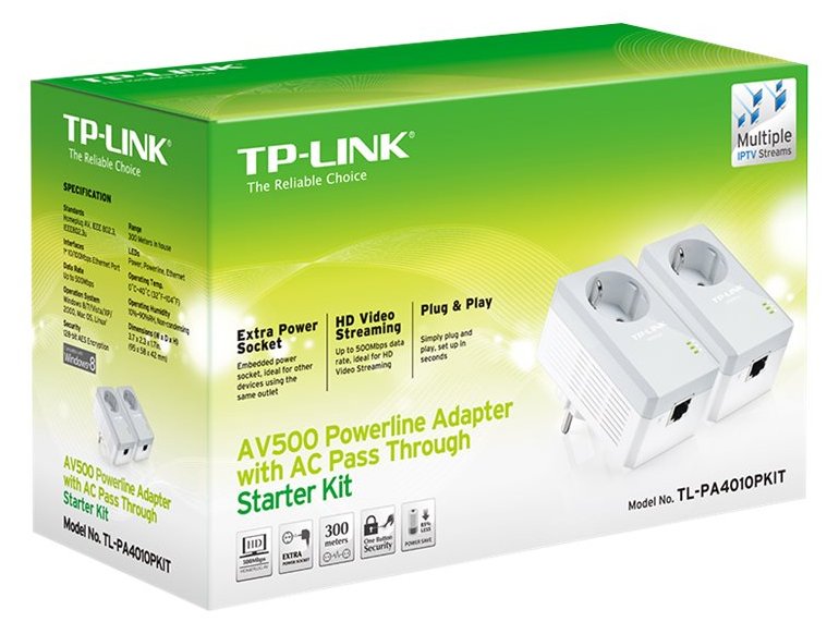 TP-LINK TL-PA4010PKIT AV500+ Powerline Kit with AC Pass Through - Powerline Adapterkit - HomePlug AV (HPAV)