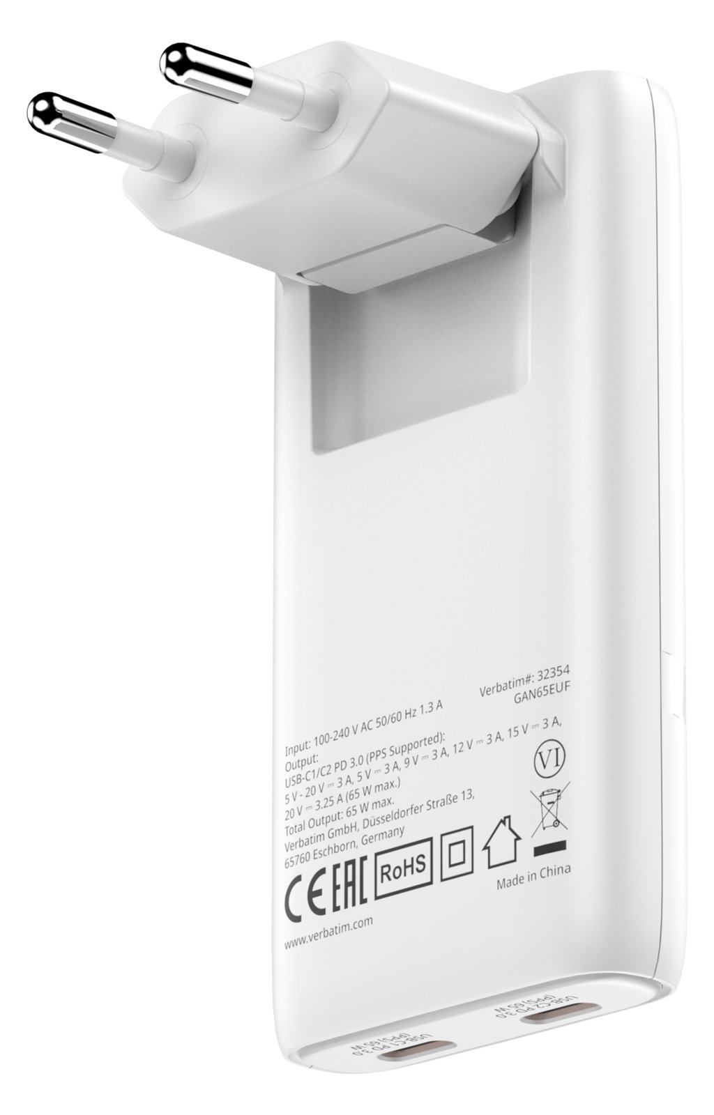 Verbatim GaN III Fold´n´ Go Charger 2 Port 65W USB-C white