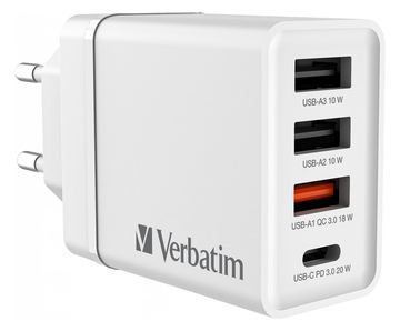 Verbatim Netzteil - 30 Watt - 5 A - PD 3.0, QC 3.0 - 4 Ausgabeanschlussstellen (3 x USB Typ A, 24 pin USB-C) - Weiß von LumaTech