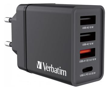 Verbatim Netzteil - 30 Watt - 5 A - PD 3.0, QC 3.0 - 4 Ausgabeanschlussstellen (3 x USB Typ A, 24 pin USB-C) - Schwarz von LumaTech