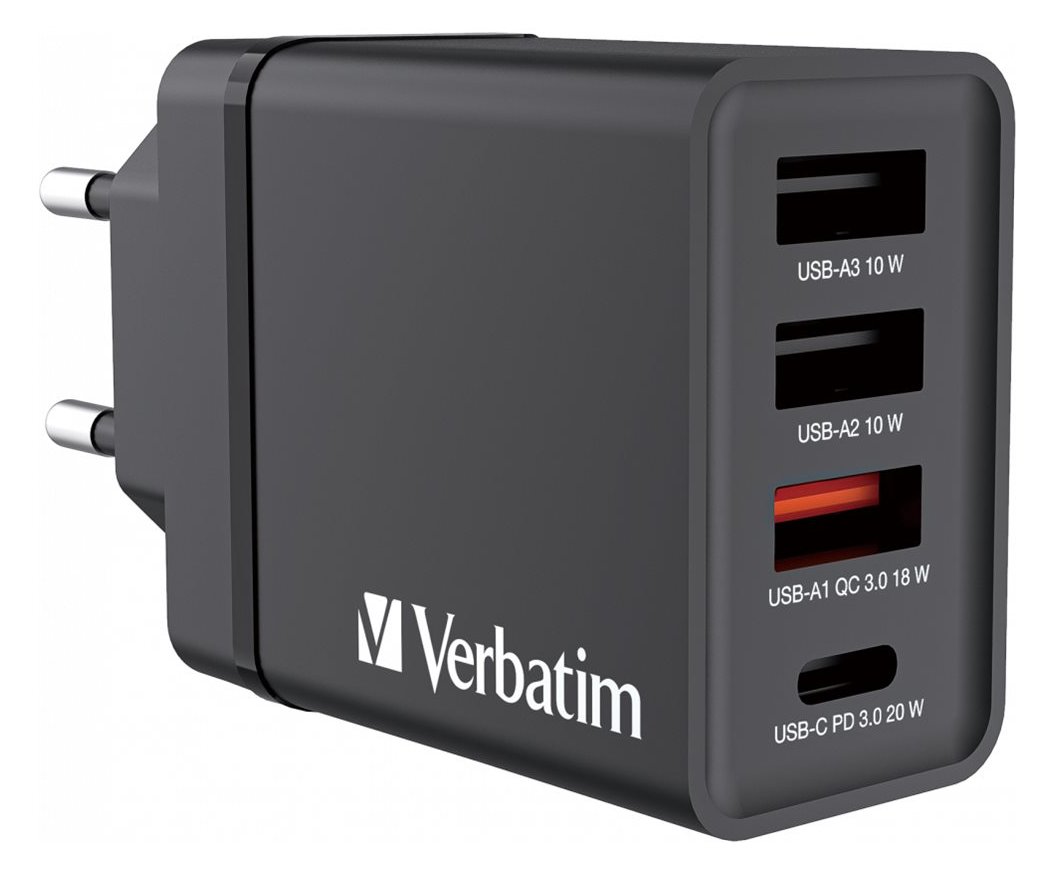 Verbatim Netzteil - 30 Watt - 5 A - PD 3.0, QC 3.0 - 4 Ausgabeanschlussstellen (3 x USB Typ A, 24 pin USB-C) - Schwarz