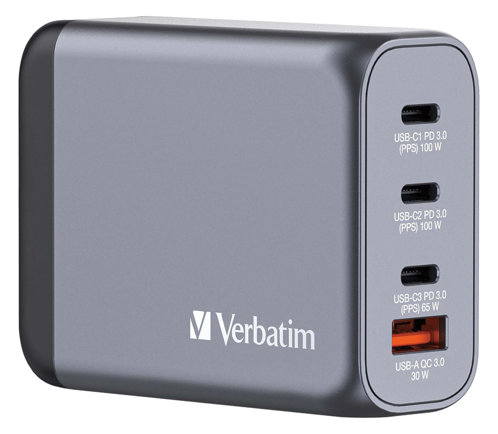 Verbatim Netzteil - GaN - 100 Watt - 5 A - PD 3.0, QC 3.0, PD/PPS - 4 Ausgabeanschlussstellen (USB, 3 x USB-C)