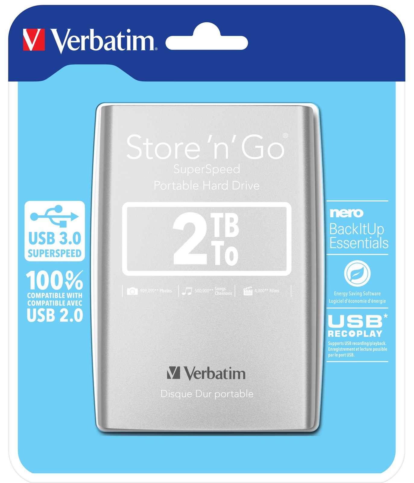 Verbatim Store 'n' Go Portable - Festplatte - 2 TB - extern (tragbar) - silber