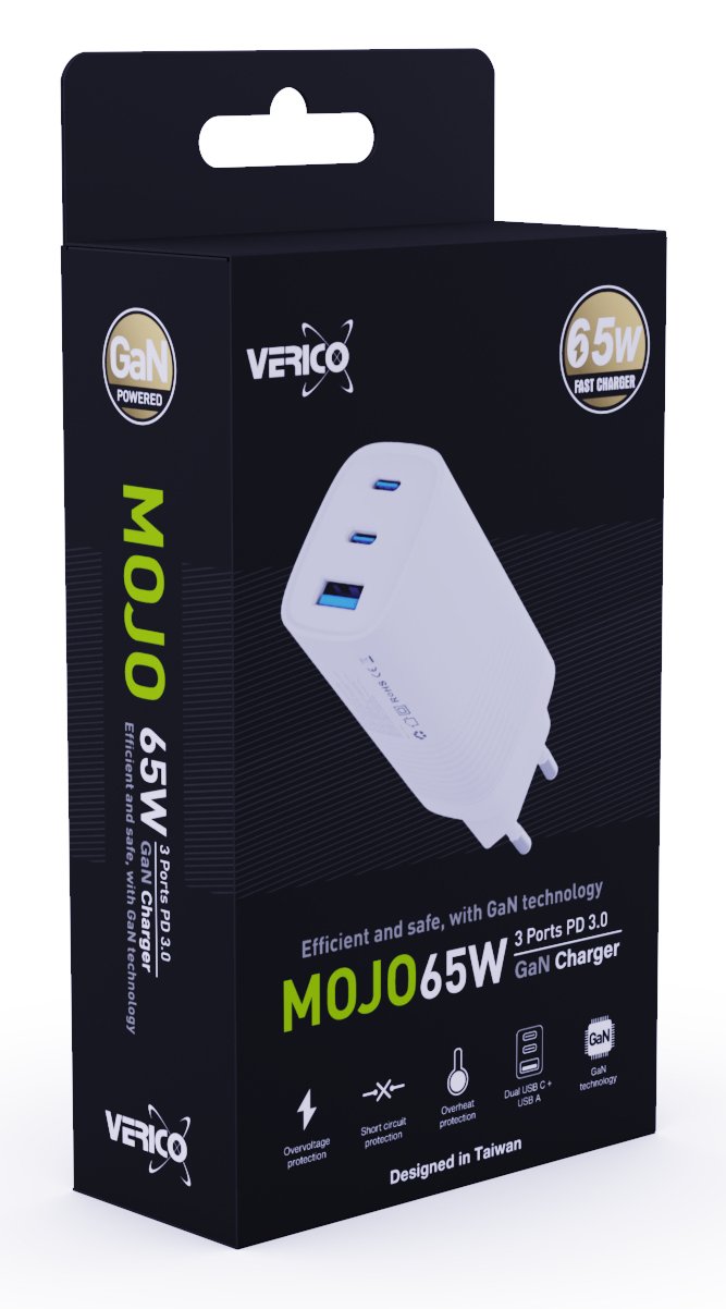 Verico Ladegerät Mojo GaN 65W PD 3-Port USB-A & USB-C WH retail