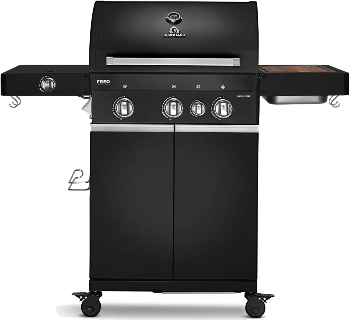 BURNHARD® Gasgrill 3-Brenner inkl. BACKBURNER, 900°C Infrarot-Keramikbrenner, Seitenkochfeld, Gusseisen-Grillrost, Grillabdeckung, klappbare Seitentische, Schwarz – FRED Deluxe – Series 3