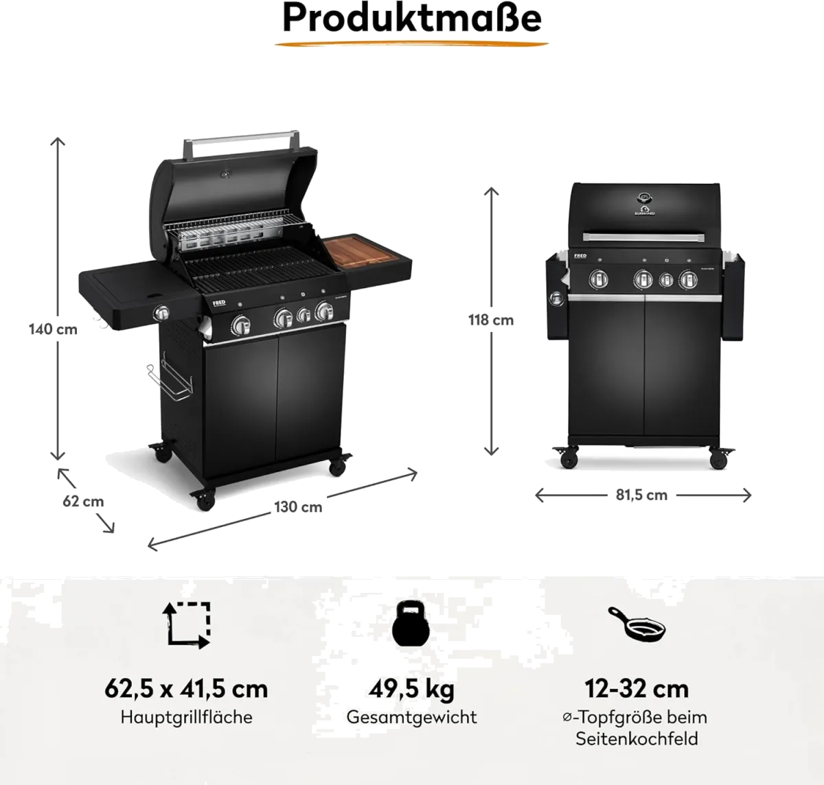 BURNHARD® Gasgrill 3-Brenner inkl. BACKBURNER, 900°C Infrarot-Keramikbrenner, Seitenkochfeld, Gusseisen-Grillrost, Grillabdeckung, klappbare Seitentische, Schwarz – FRED Deluxe – Series 3 — Bild 2
