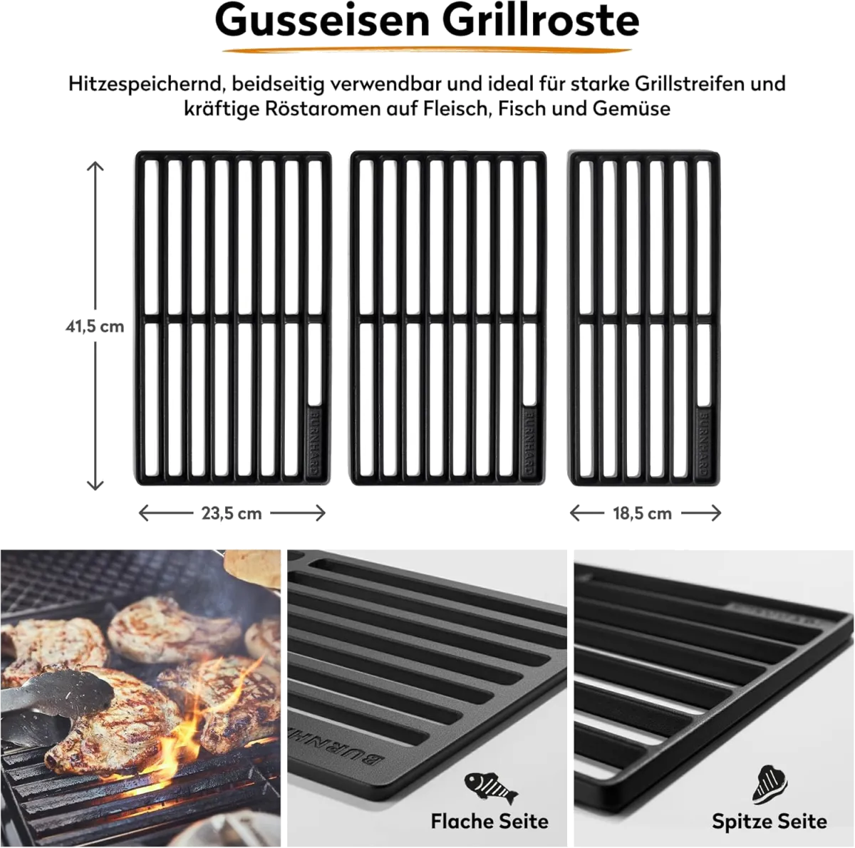 BURNHARD® Gasgrill 3-Brenner inkl. BACKBURNER, 900°C Infrarot-Keramikbrenner, Seitenkochfeld, Gusseisen-Grillrost, Grillabdeckung, klappbare Seitentische, Schwarz – FRED Deluxe – Series 3 — Bild 3