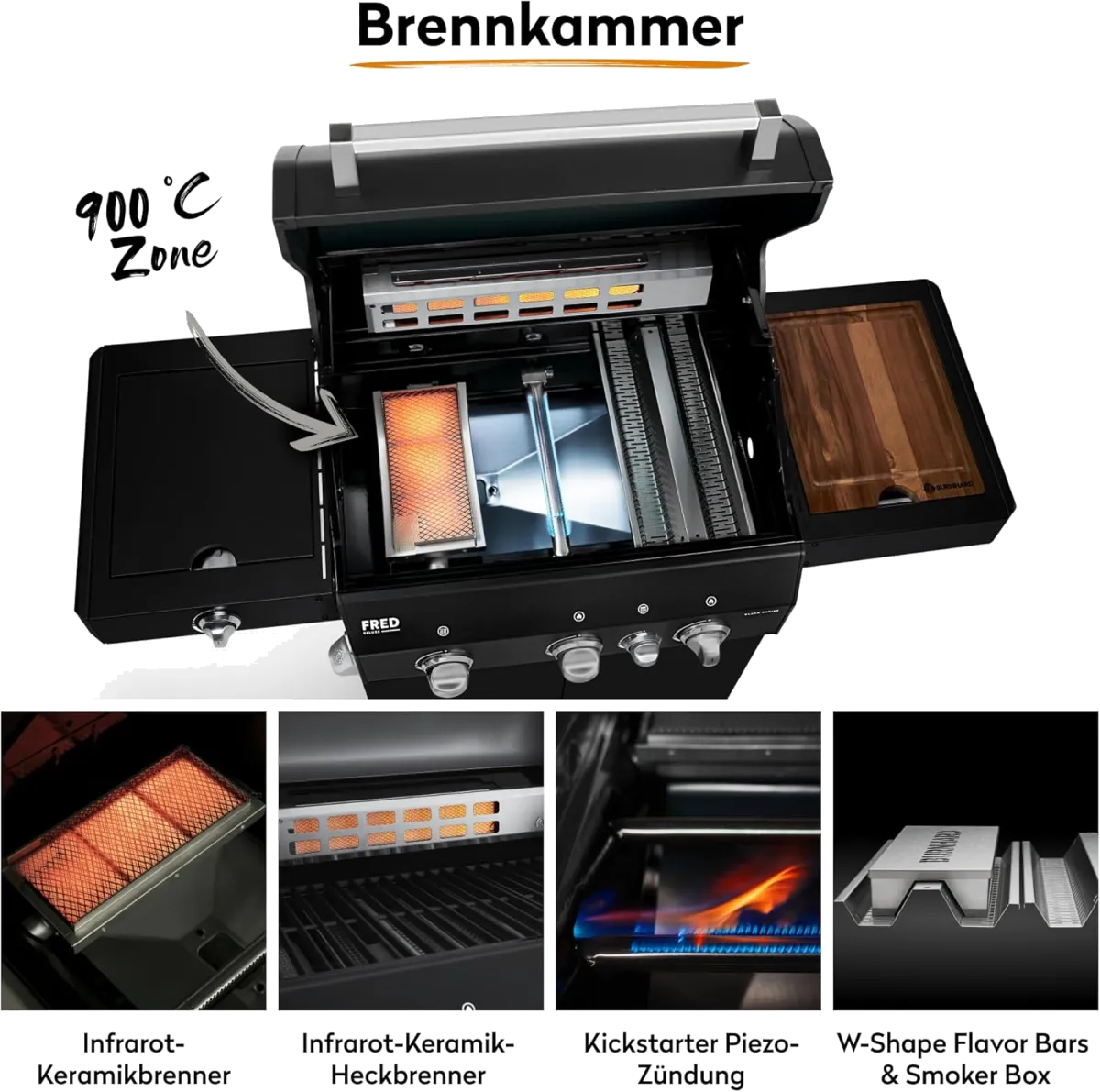 BURNHARD® Gasgrill 3-Brenner inkl. BACKBURNER, 900°C Infrarot-Keramikbrenner, Seitenkochfeld, Gusseisen-Grillrost, Grillabdeckung, klappbare Seitentische, Schwarz – FRED Deluxe – Series 3 — Bild 4
