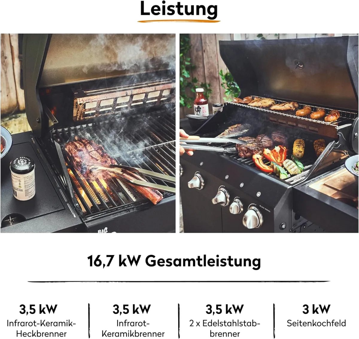 BURNHARD® Gasgrill 3-Brenner inkl. BACKBURNER, 900°C Infrarot-Keramikbrenner, Seitenkochfeld, Gusseisen-Grillrost, Grillabdeckung, klappbare Seitentische, Schwarz – FRED Deluxe – Series 3 — Bild 5