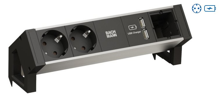 Bachmann DESK 2 ALU BLACK - Steckdosenleiste - Eingabe, Eingang GST18 - Ausgangsanschlüsse: 1 (CEE 7/3, 2 x USB)