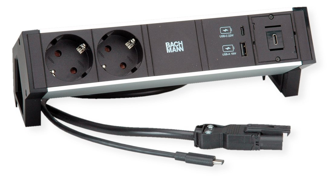 Bachmann DESK2 ALU BLACK 2xCEE7/3 1.0m 1xUSBCharger A/C 22W 1xUSB C - BACHMANN DESK2 2x Schutzkontakt - 1x USB-C